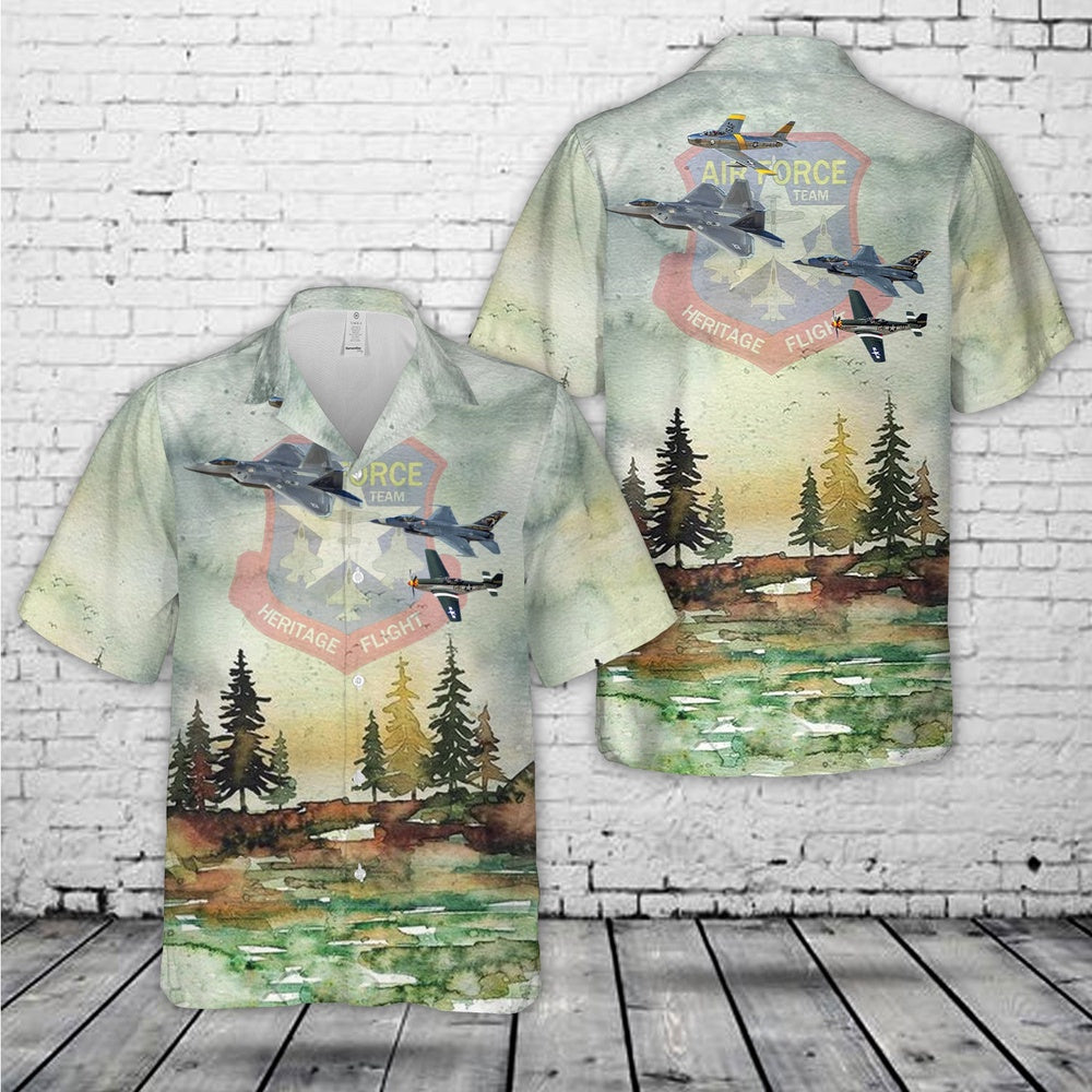 Air Force Hawaiian Shirt, US Air Force Heritage Flight P-51 F-22 F-35 F-16 A-10 Demo Team Hawaiian Shirt, Air Force Aloha Shirt