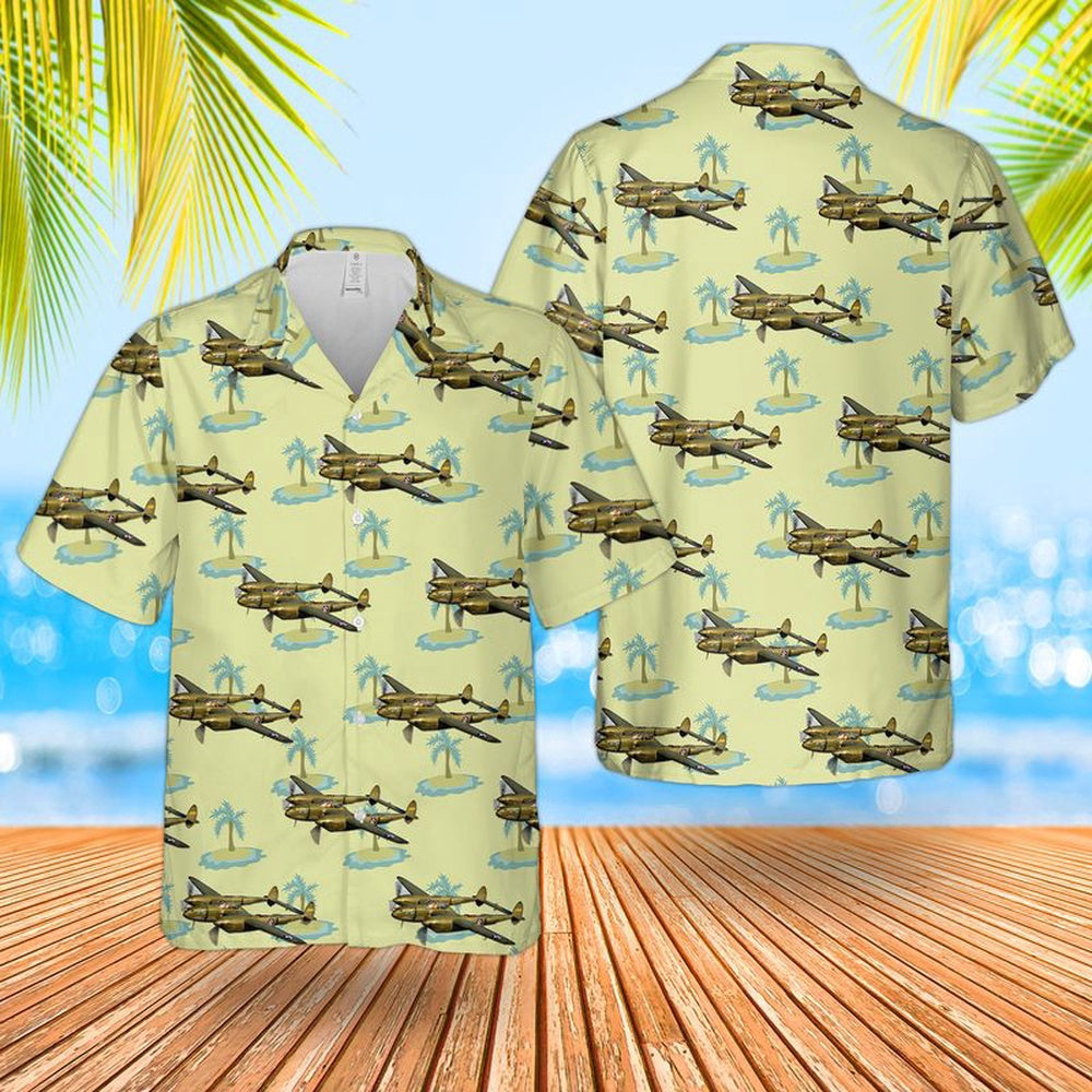 Air Force Hawaiian Shirt, US Air Force Lockheed P-38F Lightning Glacier Girl Hawaiian Shirt, Air Force Aloha Shirt