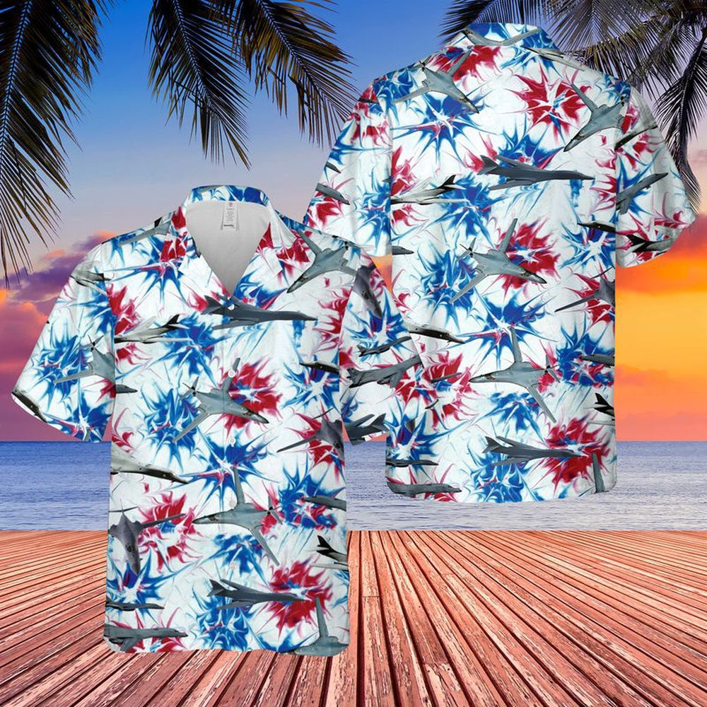 Air Force Hawaiian Shirt, US Air Force Rockwell B-1 Lancer Red White & Blue Tie dye Hawaiian Shirt, Air Force Aloha Shirt
