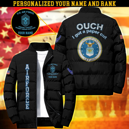 Air Force Puffer Jacket, Personalized US Air Force Ouch Puffer Jacket With Your Name And Rank, Camouflage Jacket For Airforce Soldier