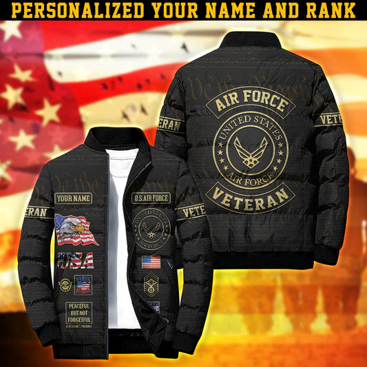 Air Force Puffer Jacket, Personalized US Air Force Puffer Jacket With Your Name And Rank, Air Force Veteran Jacket