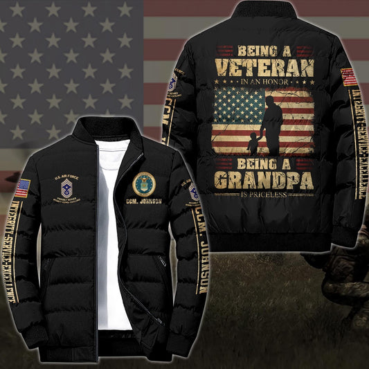 Air Force Puffer Jacket, US Air Force Puffer Jacket Custom Your Name And Rank, Being A Veteran In An Honor Being A Grandpa Is Priceless