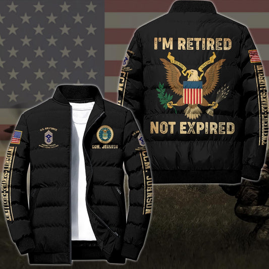 Air Force Puffer Jacket, US Air Force Puffer Jacket Custom Your Name And Rank , I'm Retired Not Expired