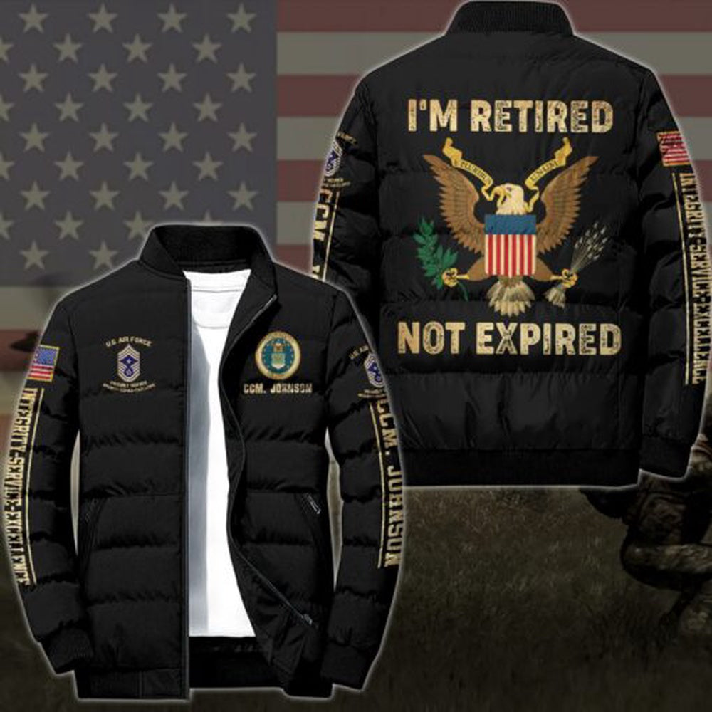 Air Force Puffer Jacket, US Air Force Puffer Jacket Custom Your Name And Rank , I'm Retired Not Expired