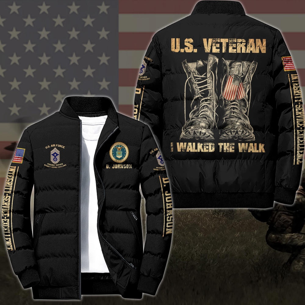 Air Force Puffer Jacket, US Air Force Veteran I Walked The Walk Puffer Jacket Custom Your Name And Rank