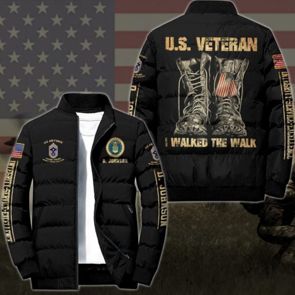 Air Force Puffer Jacket, US Air Force Veteran I Walked The Walk Puffer Jacket Custom Your Name And Rank