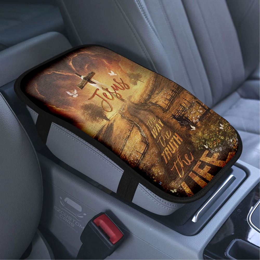 Amazing Farm, Pretty Sunset, Daisy Field, Jesus The Way, The Truth, The Life Car Center Console Cover, Bible Verse Car Armrest Cover