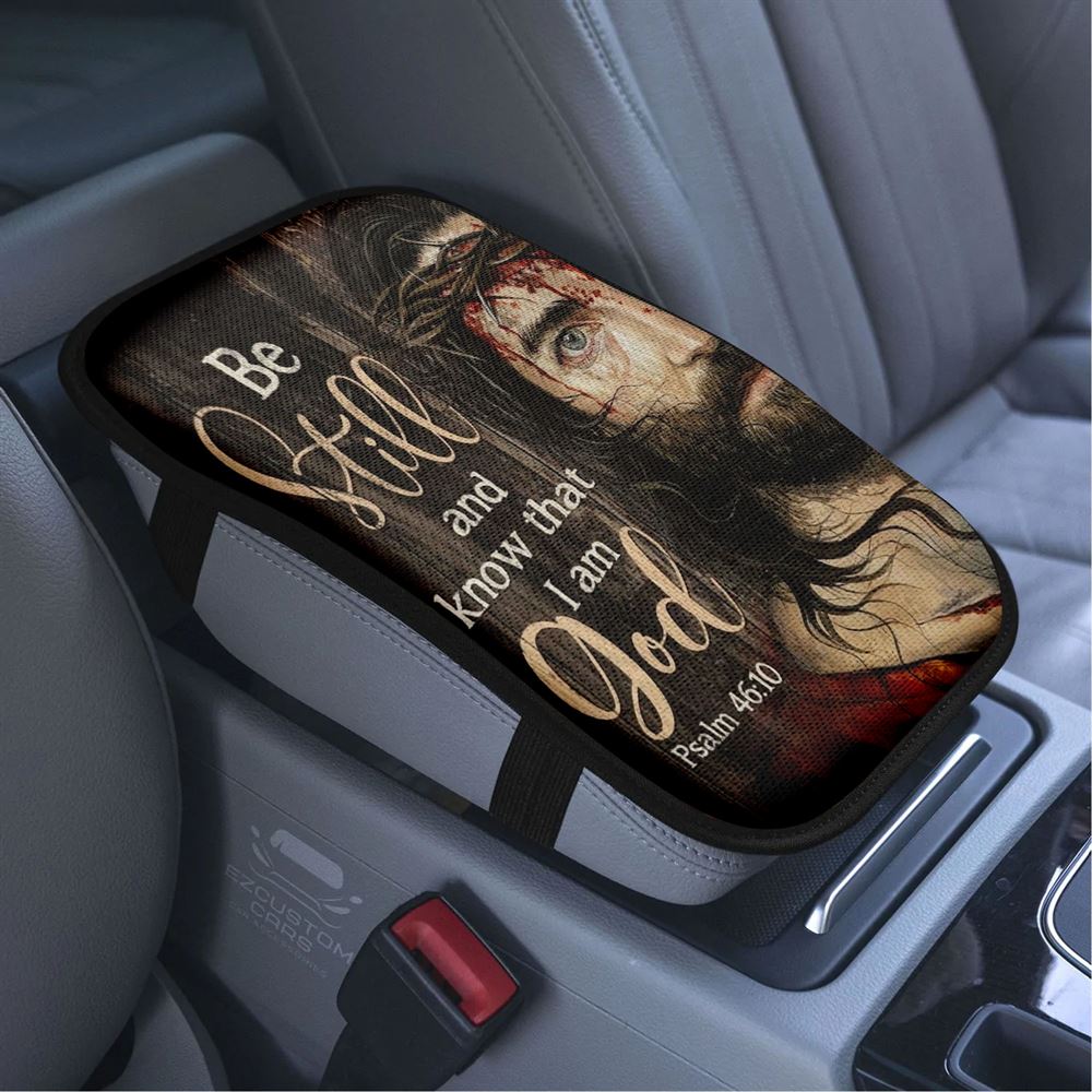 Amazing Jesus Painting, Crown Of Thorn, Be Still And Know That I Am God Car Center Console Cover, Bible Verse Car Armrest Cover