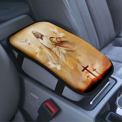 Amazing Jesus Painting, Pretty Dove Drawing, Orange Sunset Car Center Console Cover, Bible Verse Car Armrest Cover