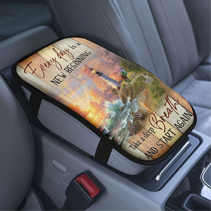 Amazing Sunset, Lighthouse, Every Day Is New Beginning Car Center Console Cover, Bible Verse Car Armrest Cover