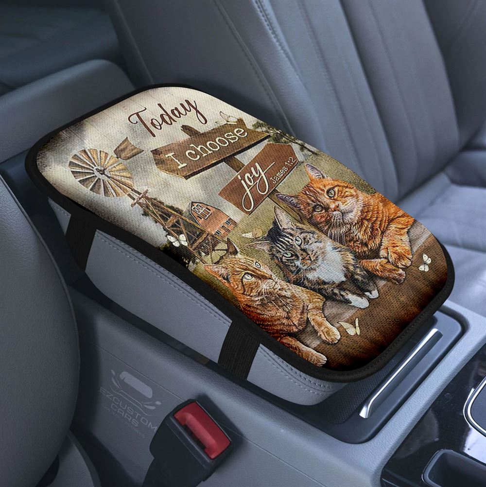 Angry Cat Windmill Today I Choose Joy Car Center Console Cover, Christian Armrest Pad Cover, Bible Verse Car Accessory