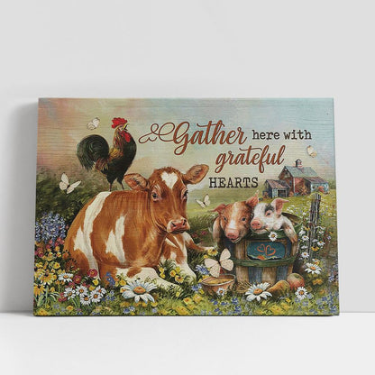 Animals Farm Gather Here With Grateful Hearts Canvas Wall Art, Bible Verse Canvas, Religious Prints