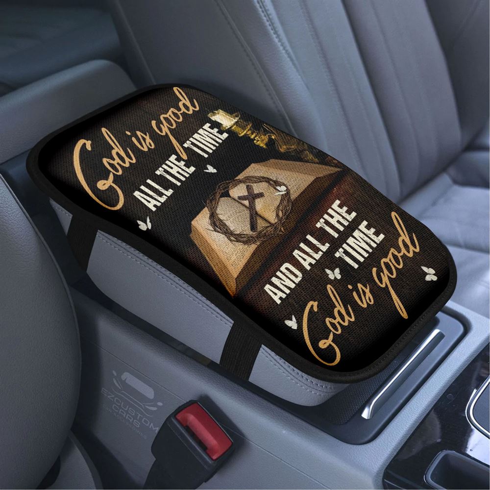 Antique Bible, Crown Of Thorn Painting, Cross, God Is Good All The Time Car Center Console Cover, Bible Verse Car Armrest Cover