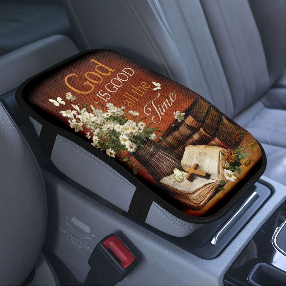 Antique Bible Vintage Painting God Is Good All The Time Car Center Console Cover, Bible Verse Car Armrest Cover