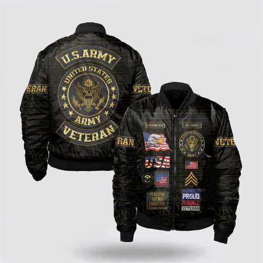 Army Bomber Jacket, Custom Name Rank US Army Veteran Bomber Jacket