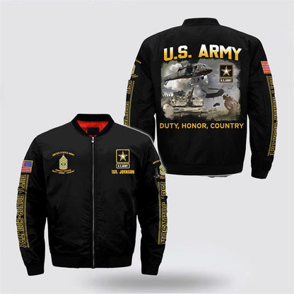 Army Bomber Jacket, Personalized Name Rank Army Duty Honor Country Bomber Jacket