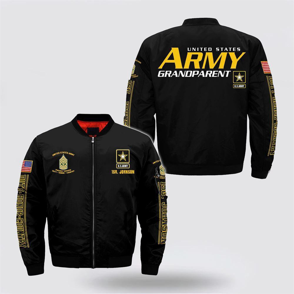 Army Bomber Jacket, Personalized Name Rank US Army Grandparent Bomber Jacket