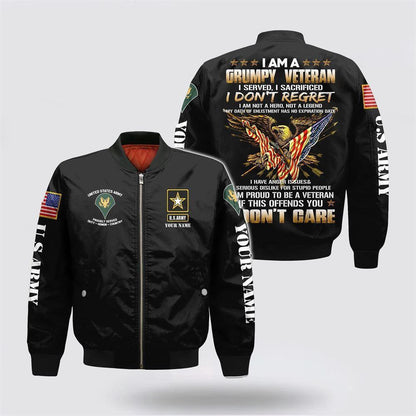 Army Bomber Jacket, Personalized Name Rank US Army I Am A Grumpy Veteran Bomber Jacket
