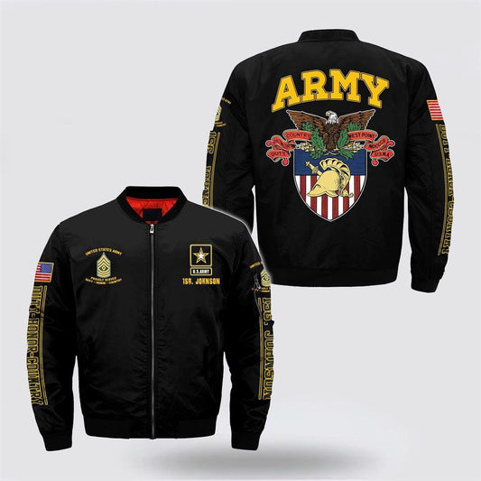 Army Bomber Jacket, Personalized Name Rank US Army Military Duty Honor Country Bomber Jacket
