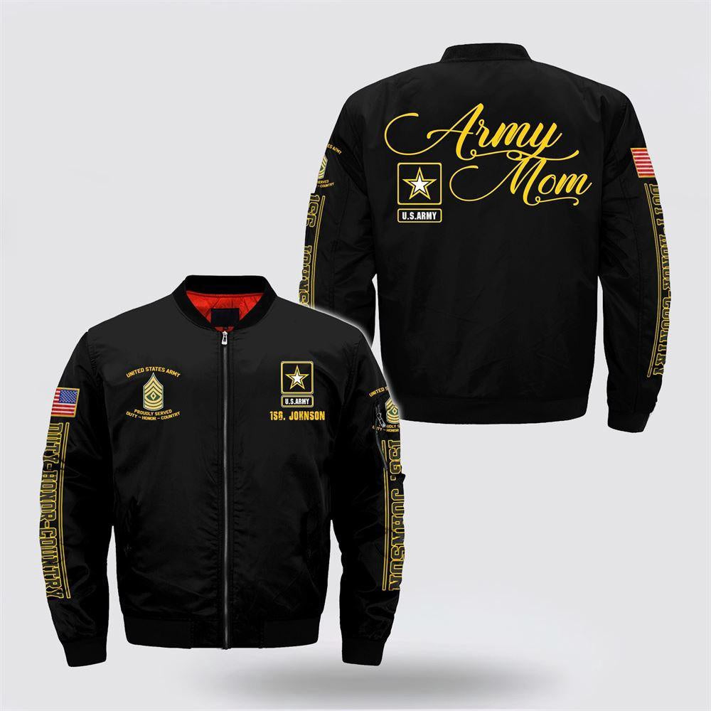Army Bomber Jacket, Personalized Name Rank US Army Mom Bomber Jacket