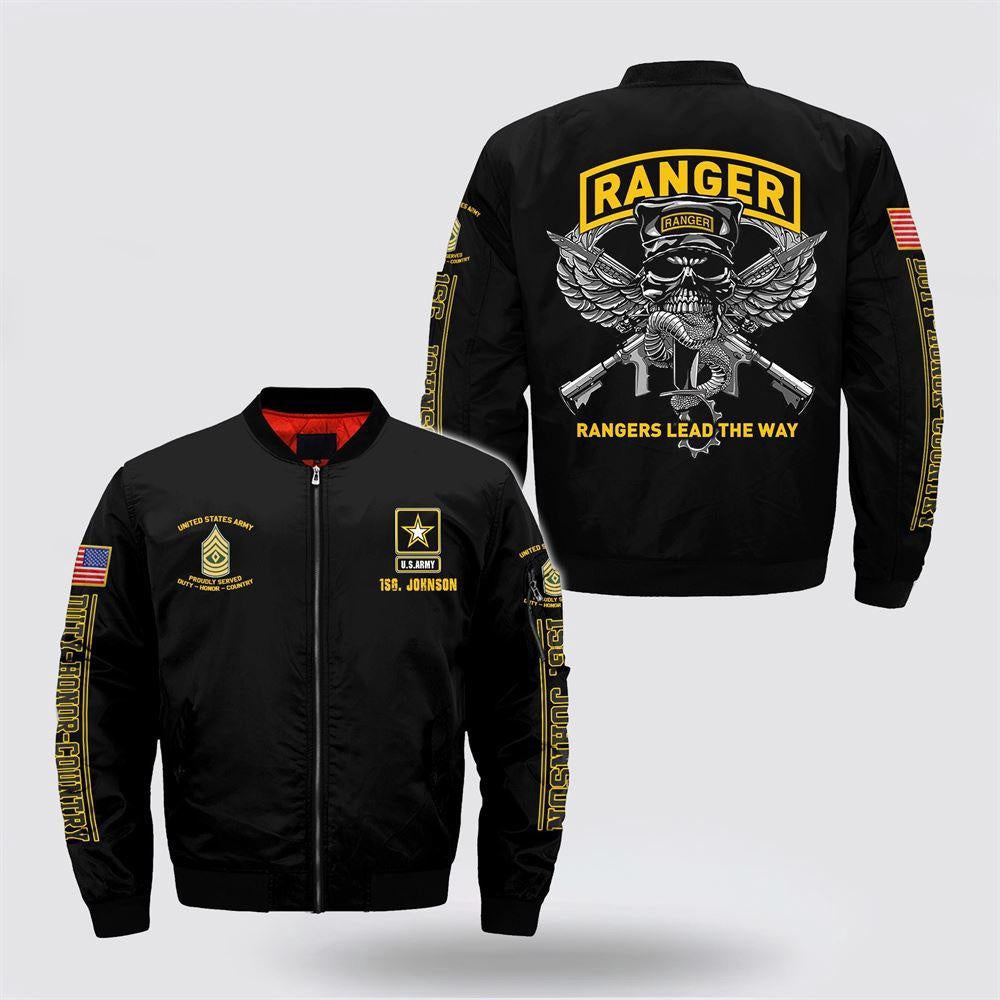 Army Bomber Jacket, Personalized Name Rank US Army Rangers Lead The Way Bomber Jacket