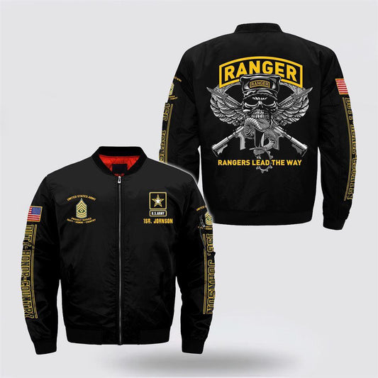 Army Bomber Jacket, Personalized Name Rank US Army Rangers Lead The Way Bomber Jacket