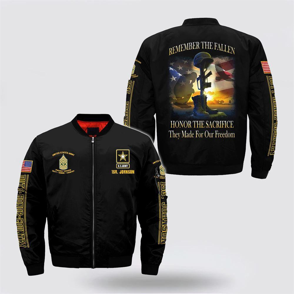 Army Bomber Jacket, Personalized Name Rank US Army Remember The Fallen Bomber Jacket