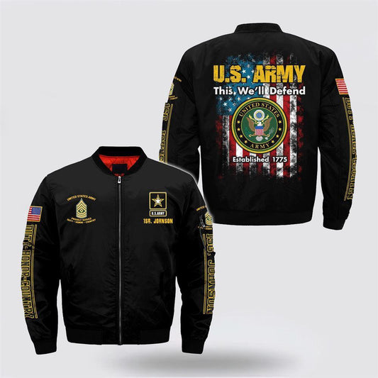 Army Bomber Jacket, Personalized Name Rank US Army This We’ll Defend Bomber Jacket