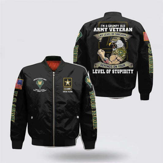 Army Bomber Jacket, Personalized Name Rank US Army Veteran Military I'm A Grumpy Bomber Jacket