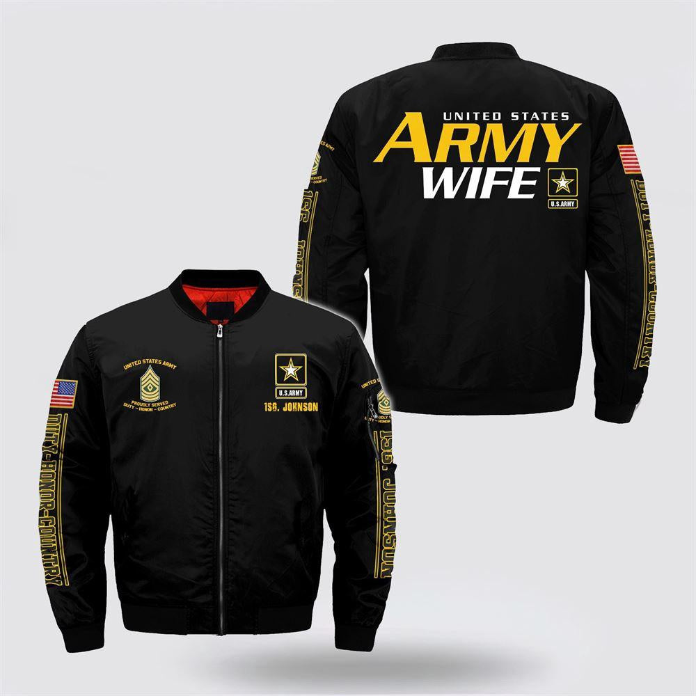 Army Bomber Jacket, Personalized Name Rank US Army Wife Bomber Jacket