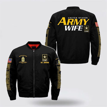 Army Bomber Jacket, Personalized Name Rank US Army Wife Bomber Jacket