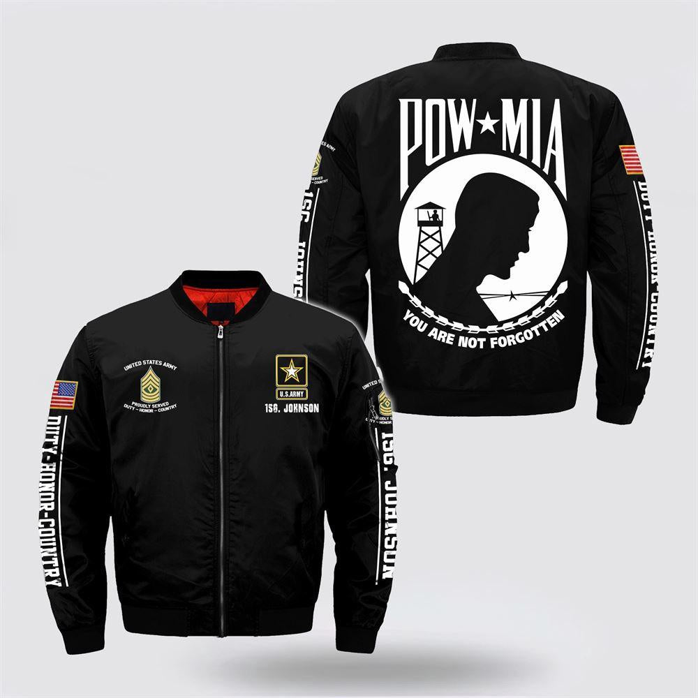 Army Bomber Jacket, Personalized Name Rank US Army You’re Not Forgotten Bomber Jacket