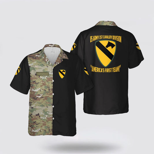 Army Hawaiian Shirt, Custom Name US Army 1st Cavalry Division Hawaiian Shirt, Military Hawaiian Shirt