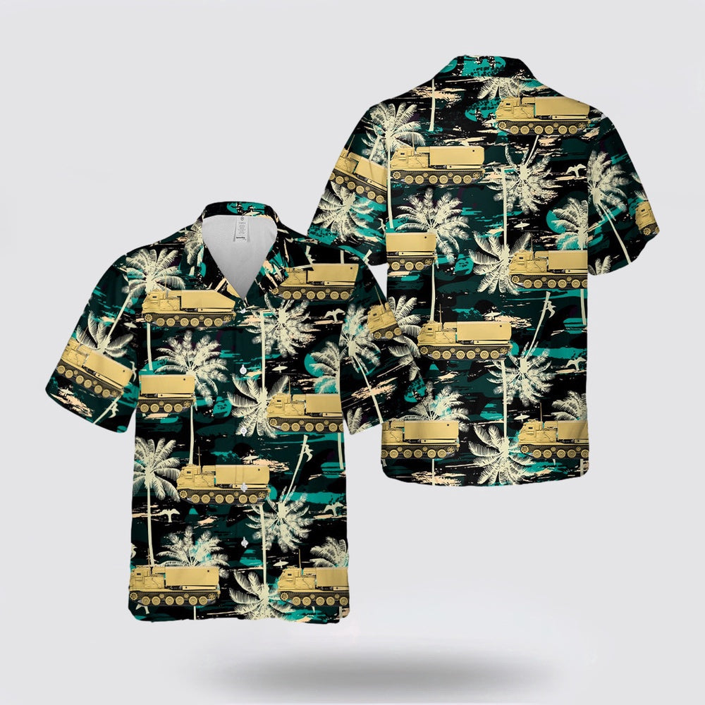 Army Hawaiian Shirt, M270 A1 MLRS Rocket Launcher US Army Desert Sand 1990 Hawaiian Shirt, Military Hawaiian Shirt