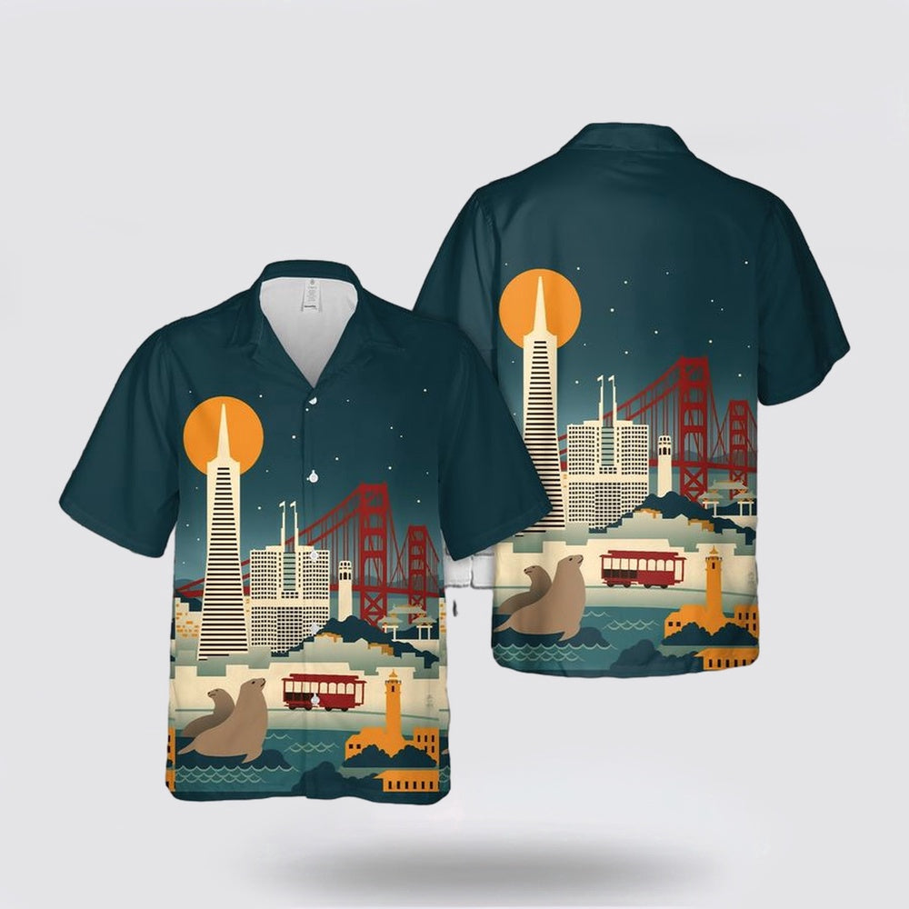 Army Hawaiian Shirt, San Francisco, California, Skyline at Night Hawaiian Shirt, Military Hawaiian Shirt