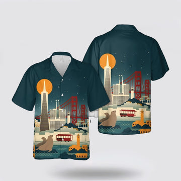 Army Hawaiian Shirt, San Francisco, California, Skyline at Night Hawaiian Shirt, Military Hawaiian Shirt