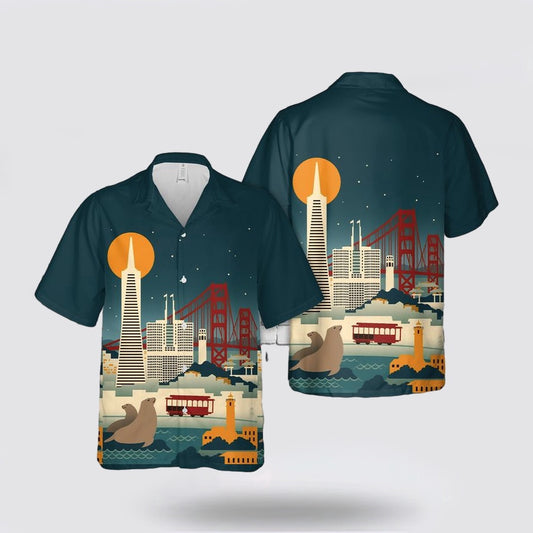 Army Hawaiian Shirt, San Francisco, California, Skyline at Night Hawaiian Shirt, Military Hawaiian Shirt