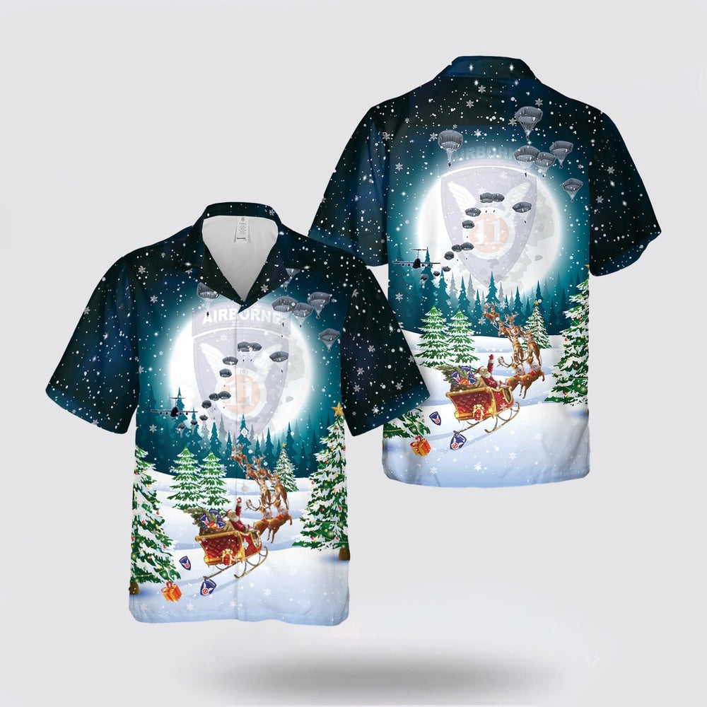 Army Hawaiian Shirt, US Army 11th Airborne Division Parachute Christmas Hawaiian Shirt, Military Hawaiian Shirt
