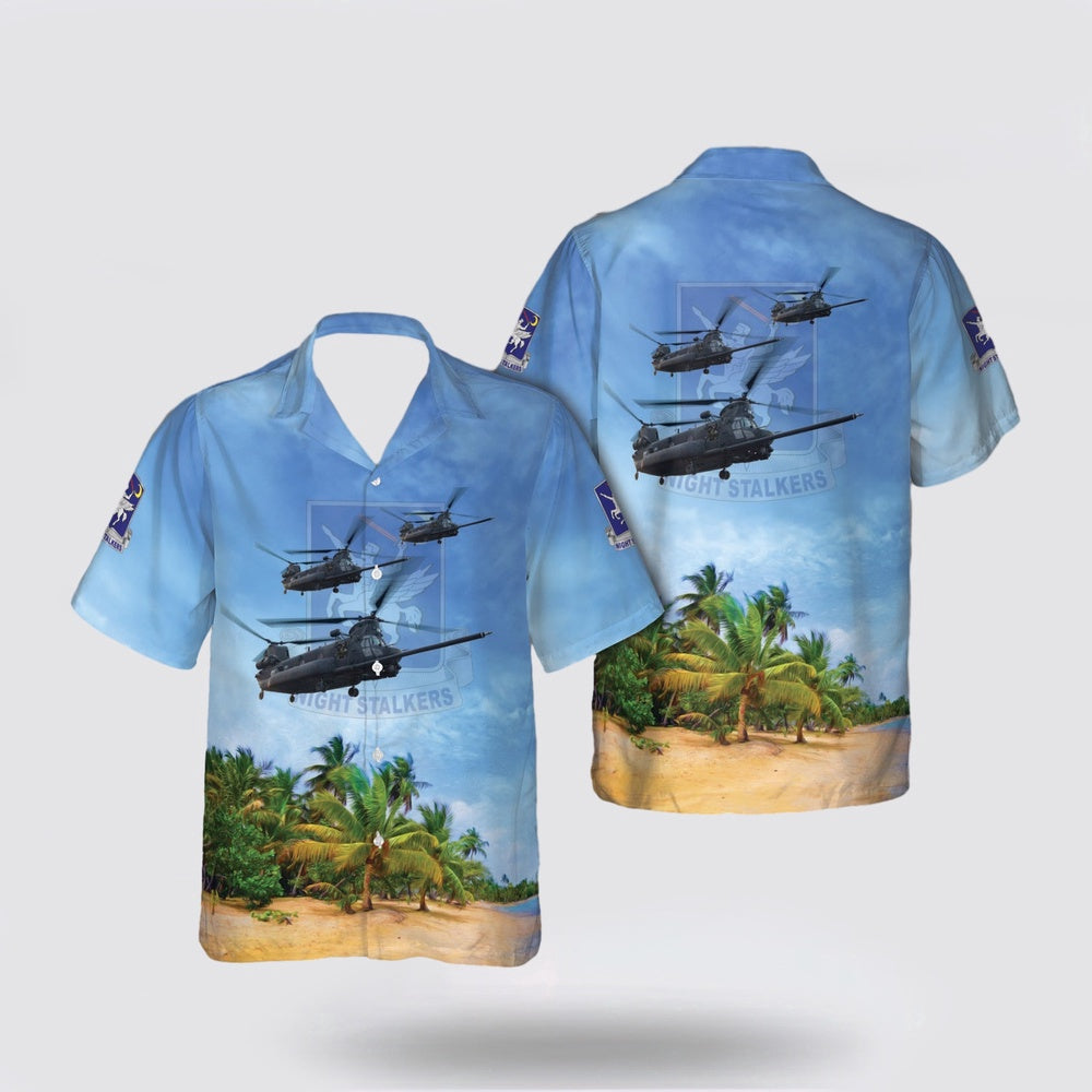 Army Hawaiian Shirt, US Army 160th Night Stalkers Soar Special Operations Aviation Chinook Dark Horse Helicopter MH-47E Chinook Hawaiian Shirt