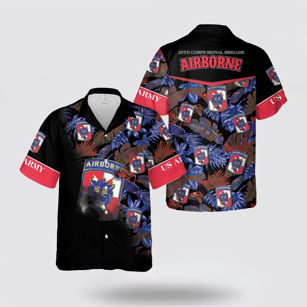 Army Hawaiian Shirt, US Army 35th Signal Brigade CSIB with Airborne Tab Hawaiian Shirt, Military Hawaiian Shirt