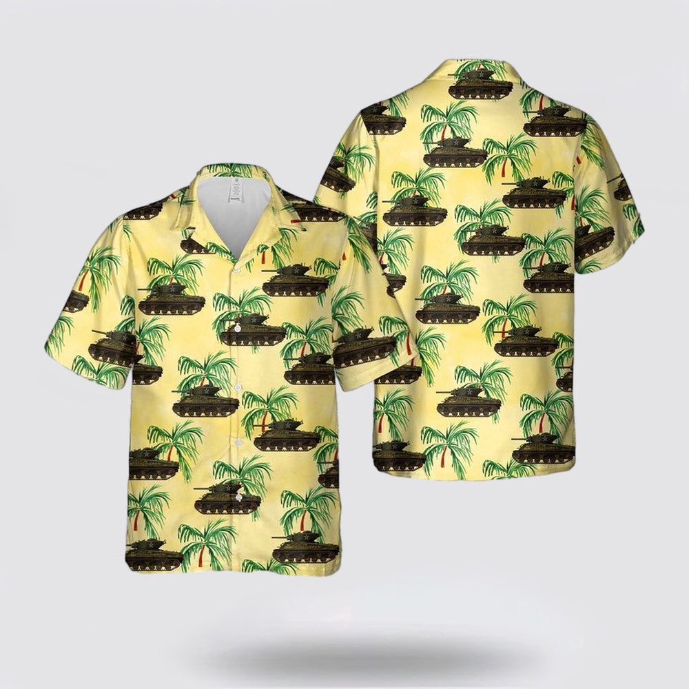Army Hawaiian Shirt, US Army 4th Armored Division M4A3E2 Jumbo Cobra King with the First in Bastogne inscription Hawaiian Shirt