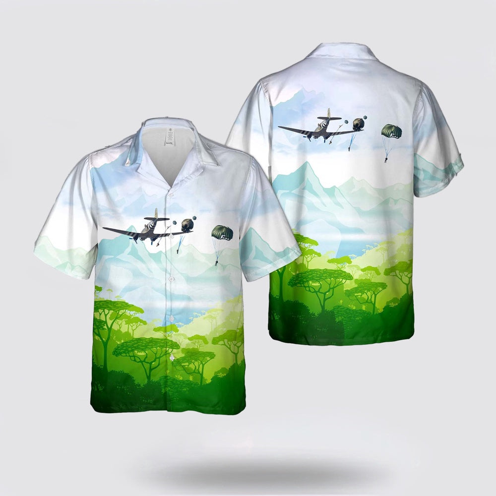 Army Hawaiian Shirt, US Army C-47 Boogie Baby paratroopers over Frederick Army Airfield in Oklahoma Hawaiian Shirt, Military Hawaiian Shirt