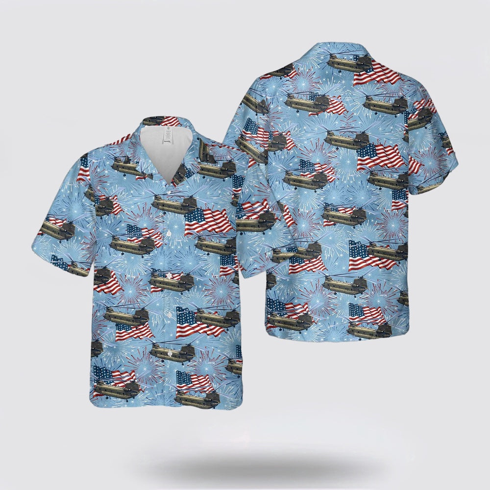 Army Hawaiian Shirt, US Army Connecticut Army National Guard CH-47F Chinook helicopter from the 2nd Battalion, 104th Aviation Regiment, 4th Of July Hawaiian Shirt