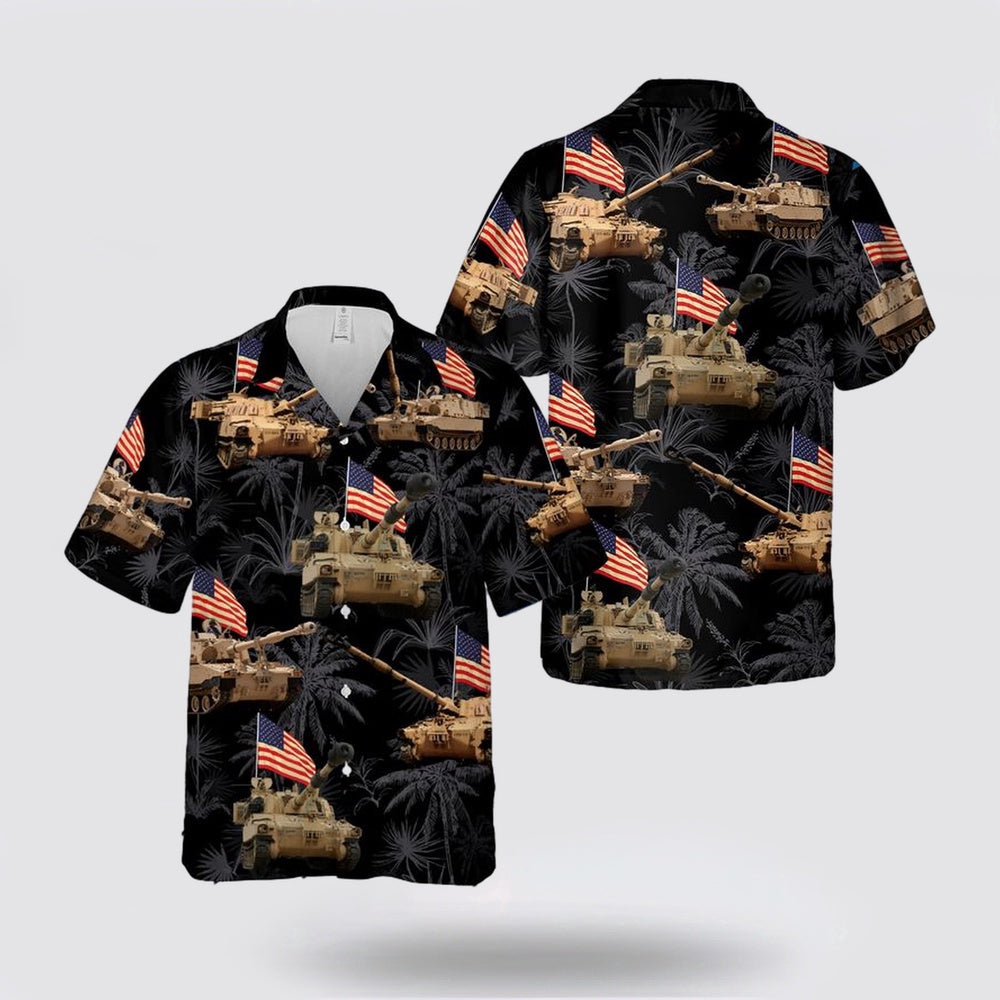 Army Hawaiian Shirt, US Army M109 Paladin Tank 4th of July Hawaiian Shirt