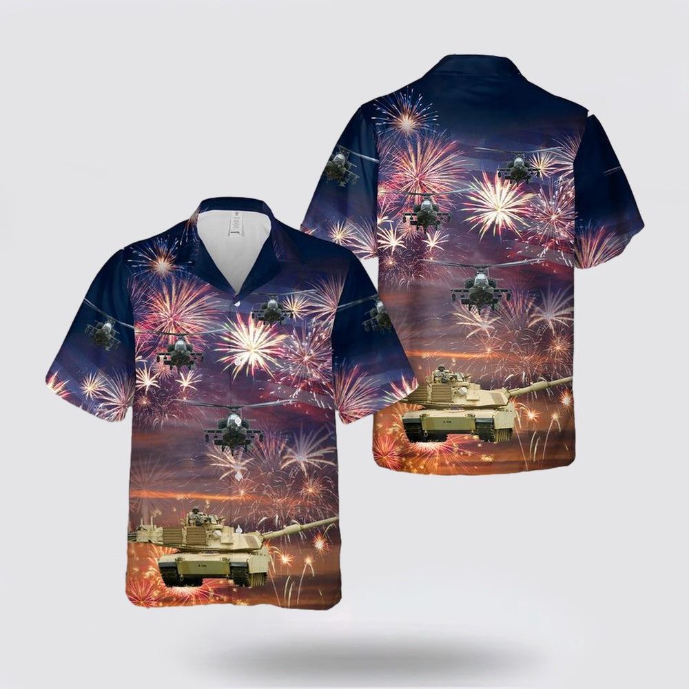 Army Hawaiian Shirt, US Army M1 Abrams Main Battle Tank and a AH-64 Attack helicopter Firework Hawaiian Shirt