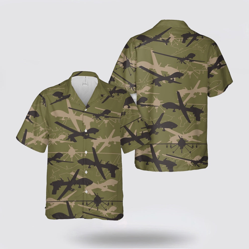 Army Hawaiian Shirt, US Army MQ-1C Gray Eagle Silhoutlle Hawaiian Shirt