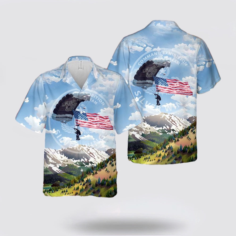 Army Hawaiian Shirt, US Army Maneuver Center of Excellence Command Exhibition Parachute Team Silver Wings Hawaiian Shirt