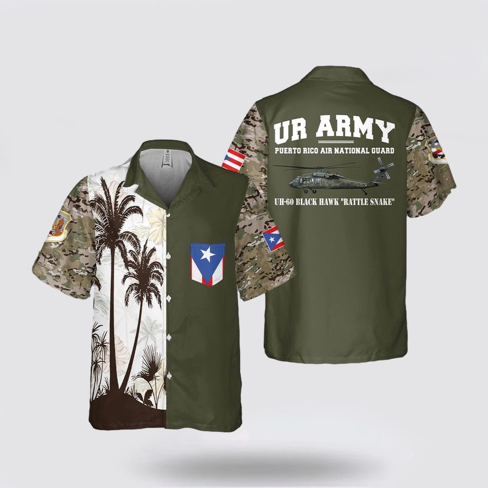 Army Hawaiian Shirt, US Army Puerto Rico Air National Guard UH-60 Black Hawk Rattle Snake Pocket Hawaiian Shirt