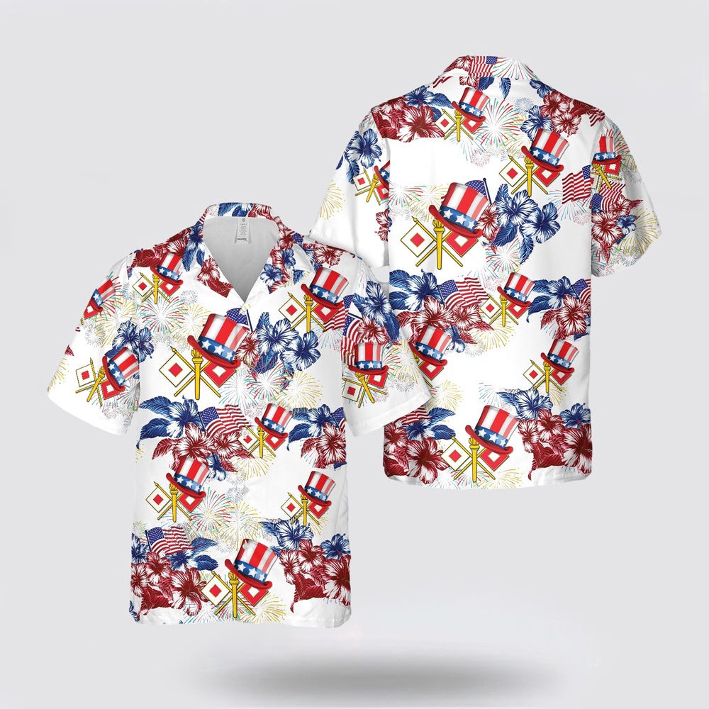 Army Hawaiian Shirt, US Army Signal Corps (USASC) Branch Insignia, 4th Of July Hawaiian Shirt