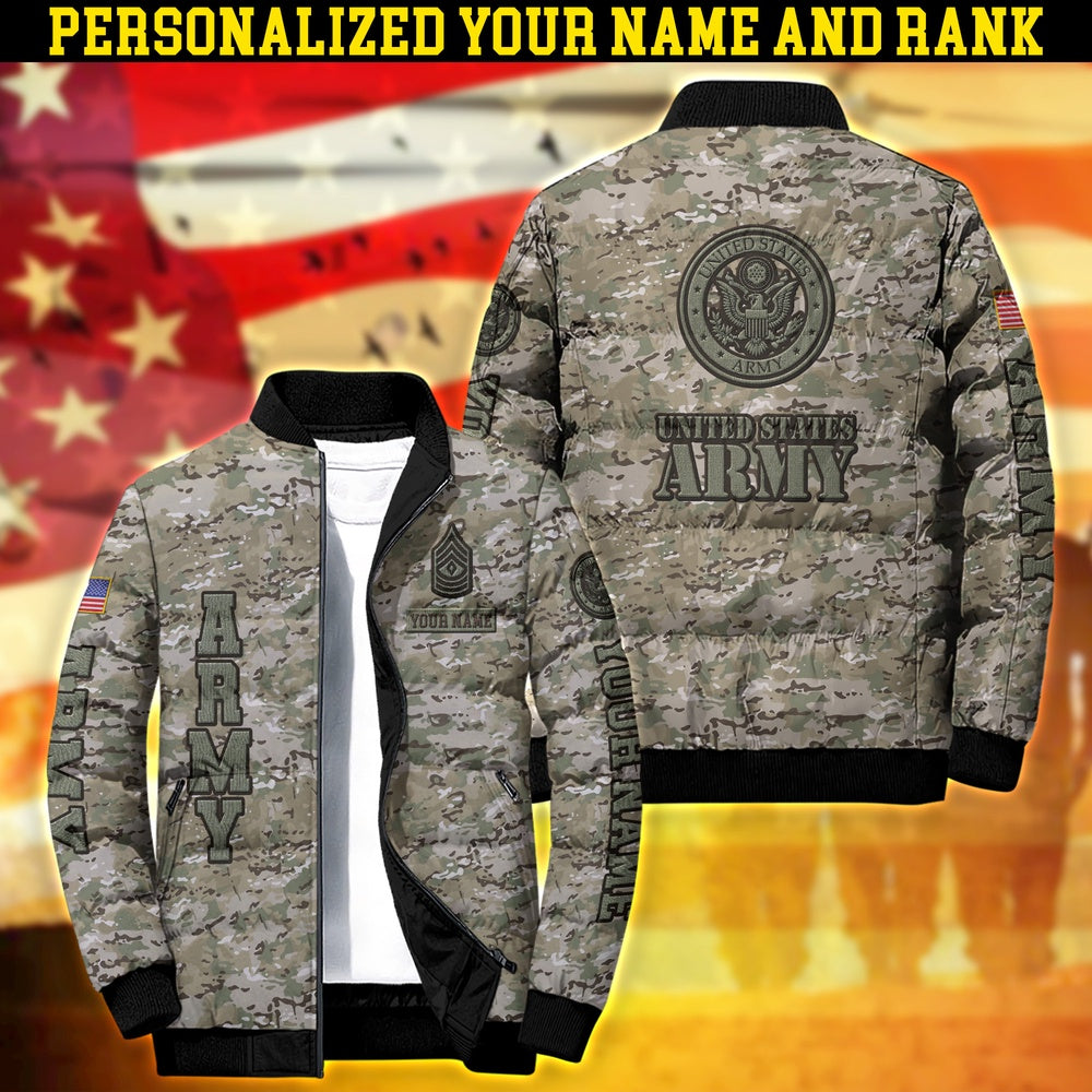 Army Puffer Jacket, Personalized US Army Puffer Jacket With Your Name And Rank, Army Camouflage Jacket For Army Soldier